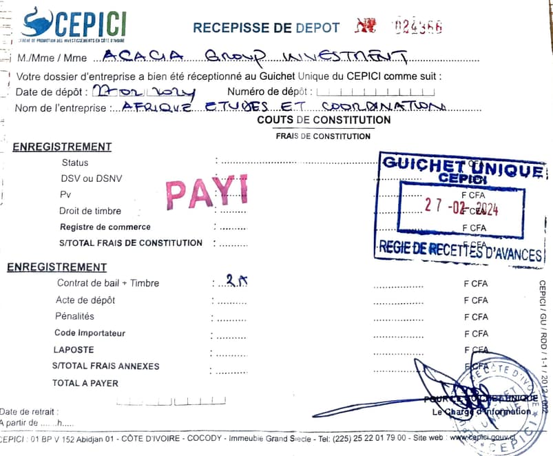 Recu depot AFRIQUE ETUDES ET COORDINATION