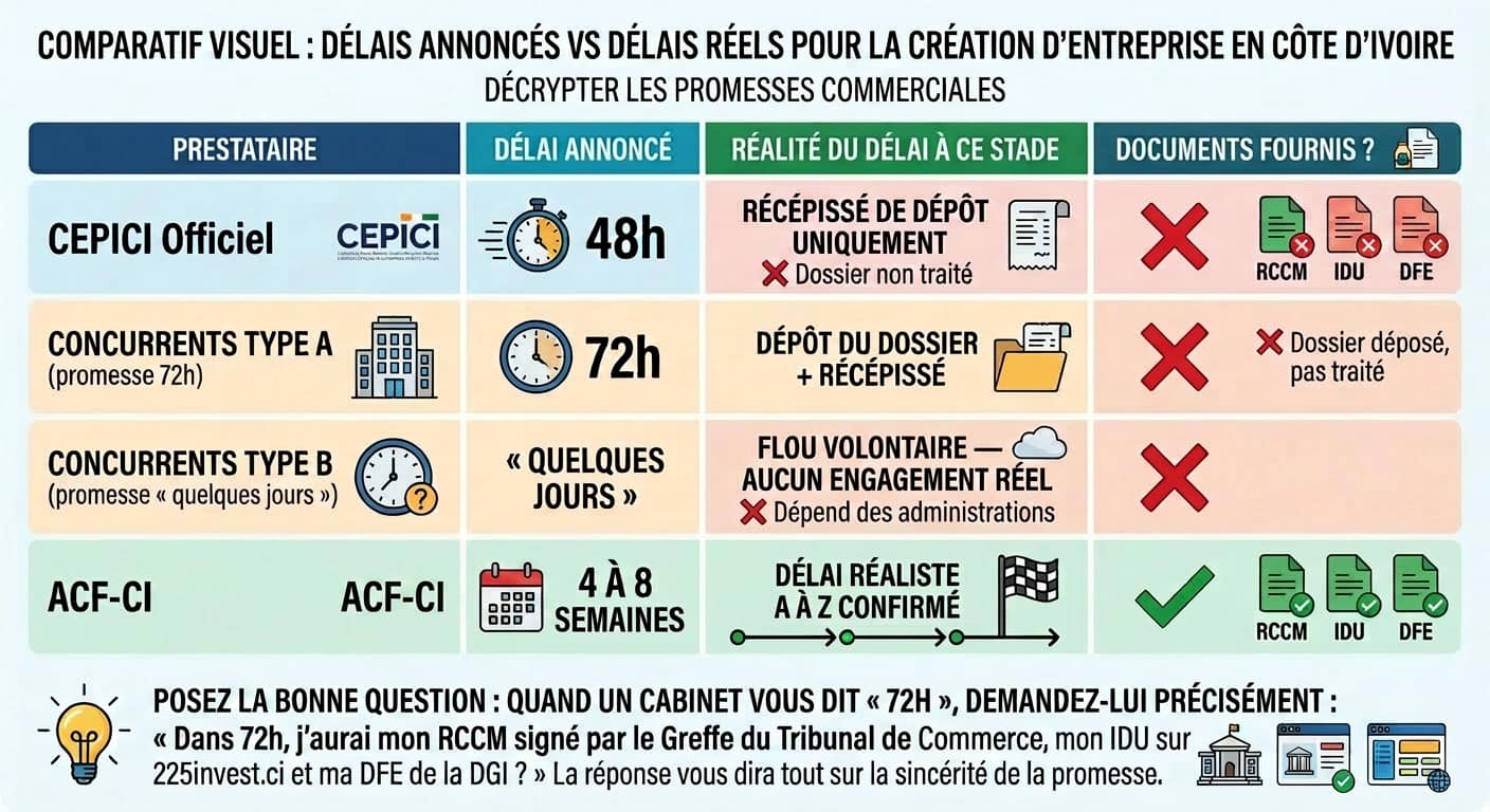 Comparatif délais création entreprise Côte d'Ivoire CEPICI concurrents ACF-CI réalité 2026