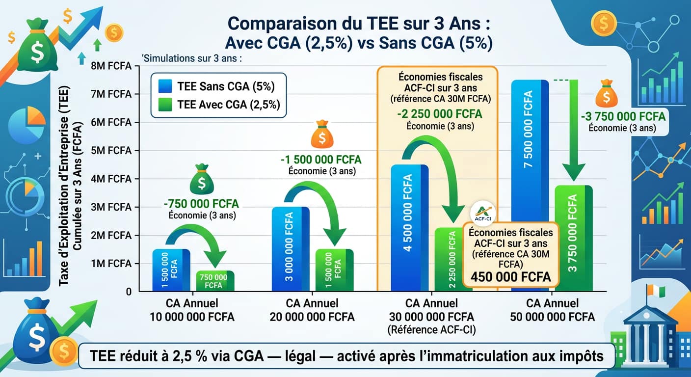 Simulation économies réduction impôts 50% CGA Côte d'Ivoire TEE 2.5% vs 5%